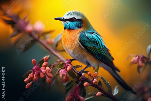 colorful small bird sitting on blooming branch