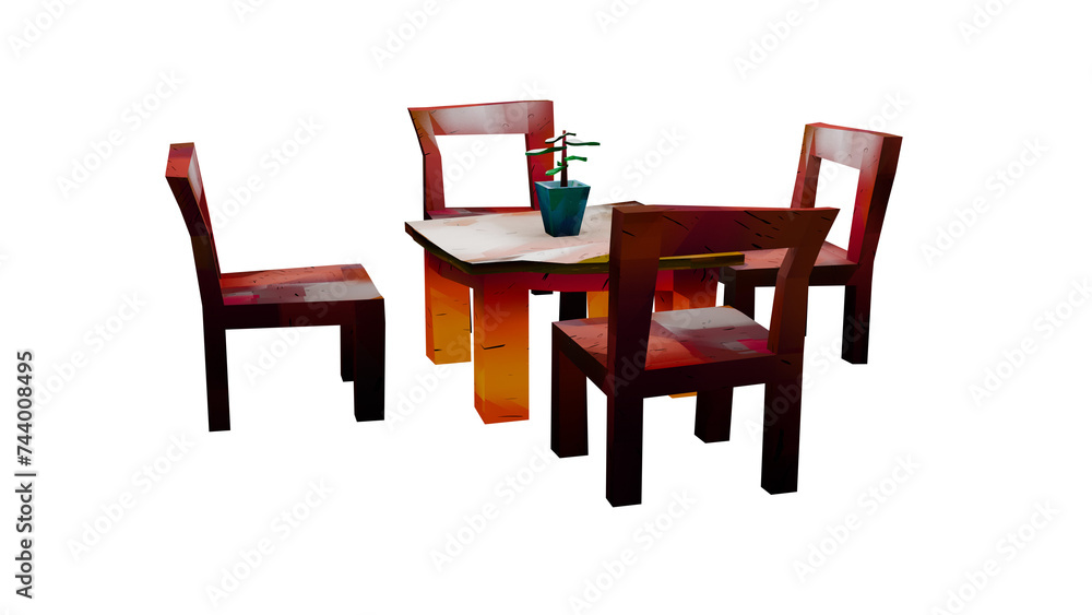 Fototapeta premium illustration 3d render low poly shade of set table with chair