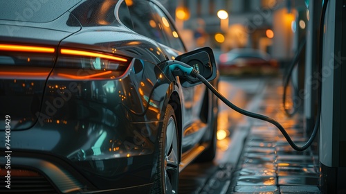 Close up electric car charging with station, Electric car connected to charging station, Technology electric vehicle concept. © jirayut