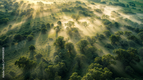 vue aérienne d'un paysage au petit matin recouvert d'un brouillard entre les arbres à moitié recouvert photo