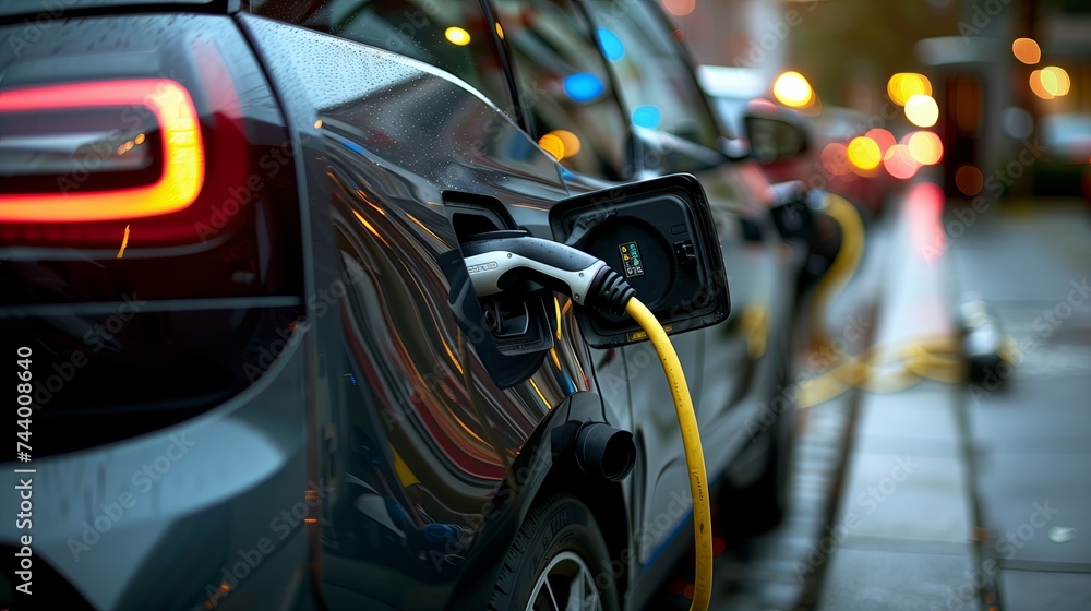 Close up electric car charging with station, Electric car connected to charging station, Technology electric vehicle concept. Close up electric car charging with station, Electric car connected to charging station, Technology electric vehicle concept.