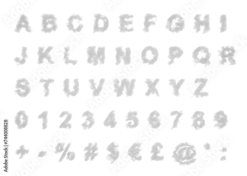 Cloud letters and numbers and symbols on transparent background. White uppercase alphabets in shape of smoke or clouds.	
