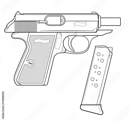 Vector illustration of the automatic pistol and magazine on the white background. Right side.