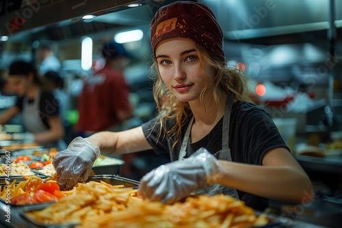 A fashionable woman whips up a delicious street food feast in her indoor kitchen, her human face beaming with pride as she serves up piping hot slices of pizza to satisfy her craving for a quick and  © Larisa AI