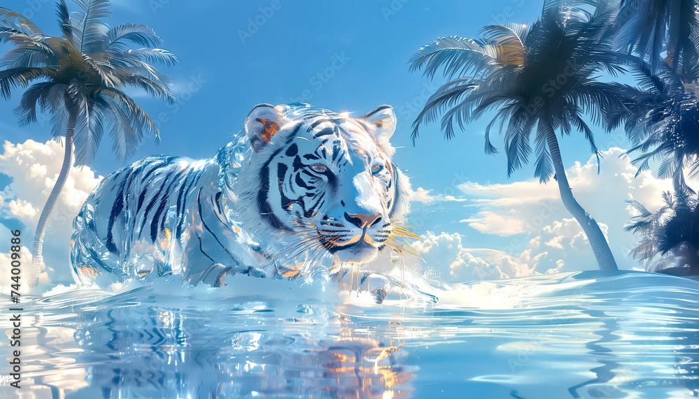 Abstrakcyjny tygrys w wodzie na plaży - obrazy, fototapety, plakaty 