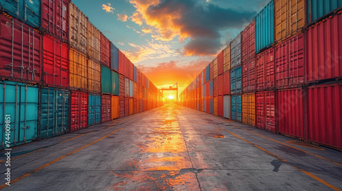 Bright metal cargo containers or shipping containers for storing and transporting goods and raw materials between points or countries, international trade equipment for the exchange of goods. photo