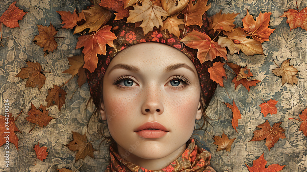 Kobieta Jesień z Liśćmi - obrazy, fototapety, plakaty 