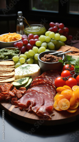 Сharcuterie board, plate for meat delicacies, appetizers of sausages, cheese and fruit with wine.
