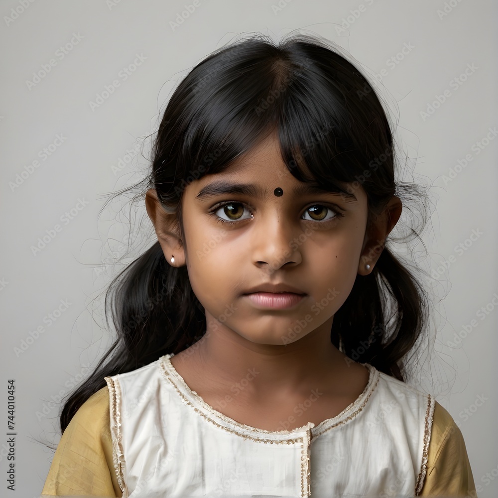 Beautiful indian little girl. Gray background. Generative AI Beautiful indian little girl. Gray background. Generative AI