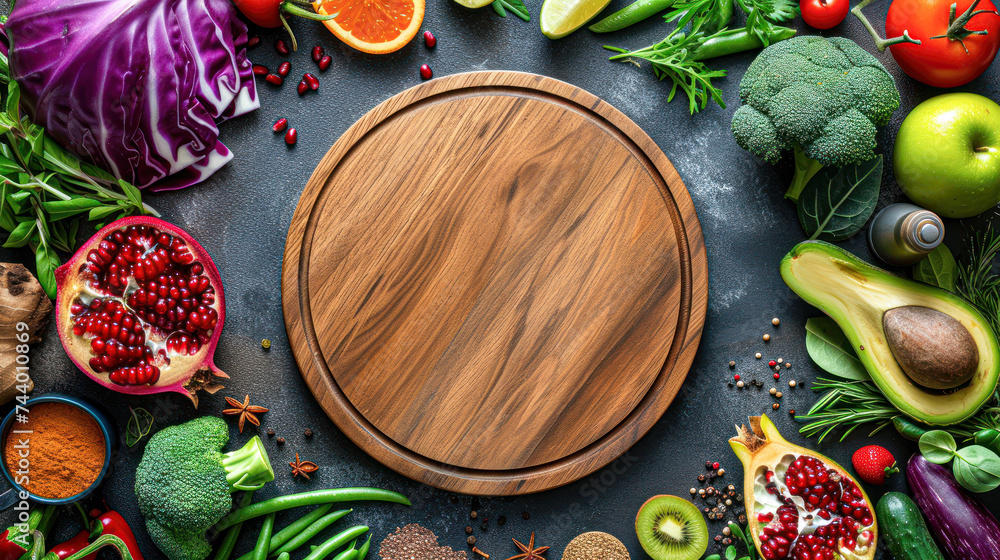 An array of fresh vegetables and spices surrounds a wooden cutting board on a dark surface.