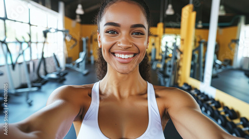 Joyful woman taking a selfie in a gym, radiating confidence and positivity after a workout session.