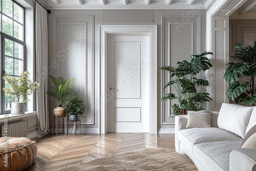 White interior door in a modern interior, in light colors in a classic style. Interior Design.