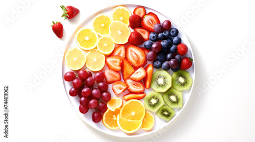 Top view of colorful raw cut fruits including oranges, kiwis, grapes, strawberries on white plate photo