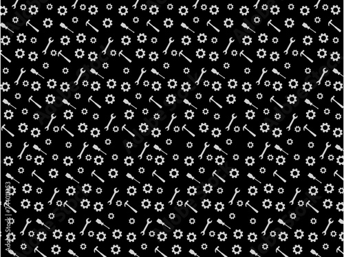 black background pattern with white work tools and gears labor day