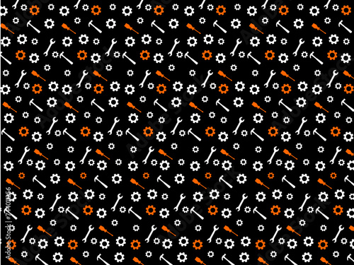 black background pattern with orange and white work tools and gears labor day