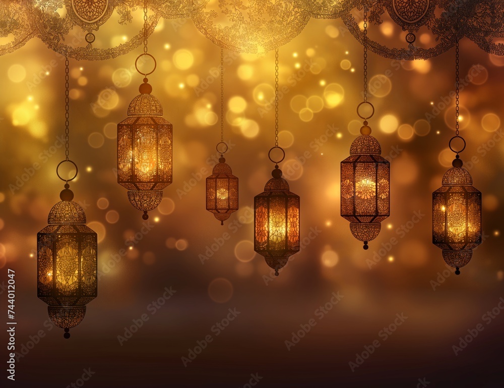 Gold and silver lanterns against a dark background, in the style of light pink and dark amber, arabesque, light installations, golden bokeh background, dark brown and orange, sombre, light-filled. Gold and silver lanterns against a dark background, in the style of light pink and dark amber, arabesque, light installations, golden bokeh background, dark brown and orange, sombre, light-filled.
