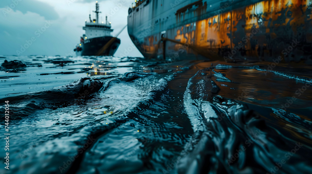 oil floating on the surface of the ocean, water pollution and chemicals create problems for the environment, living things and natural resources - obrazy, fototapety, plakaty 