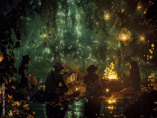 A dark enchanted forest where gravitational lensing distorts reality with steampunk adventurers sharing elote around a campfire
