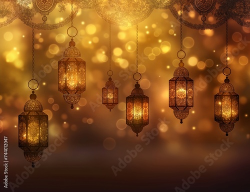 Gold and silver lanterns against a dark background, in the style of light pink and dark amber, arabesque, light installations, golden bokeh background, dark brown and orange, sombre, light-filled.