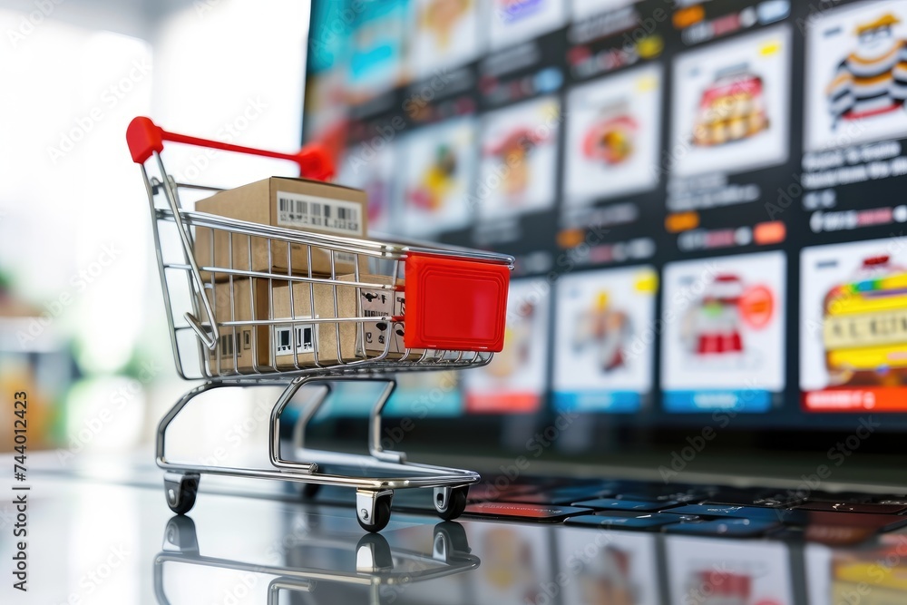 An illustration of online shopping and delivery with colorful package boxes and a miniature shopping cart on a laptop keyboard. An illustration of online shopping and delivery with colorful package boxes and a miniature shopping cart on a laptop keyboard.