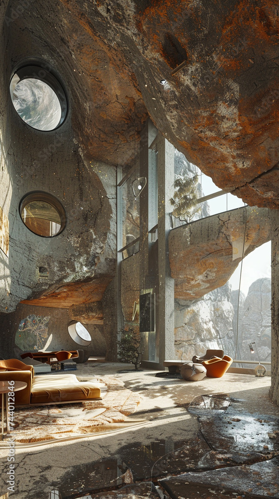 A space habitat with walls adorned in cave paintings where Ancient Greek myths merge with biotech advancements