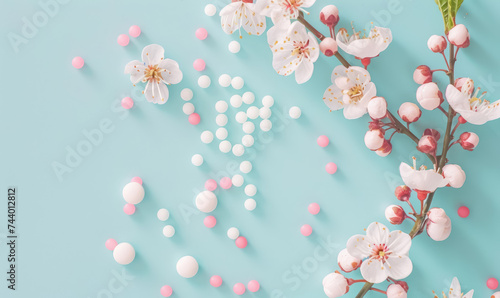 pink and white homeopathic pills scattered with cherry blossom branches on pastel background