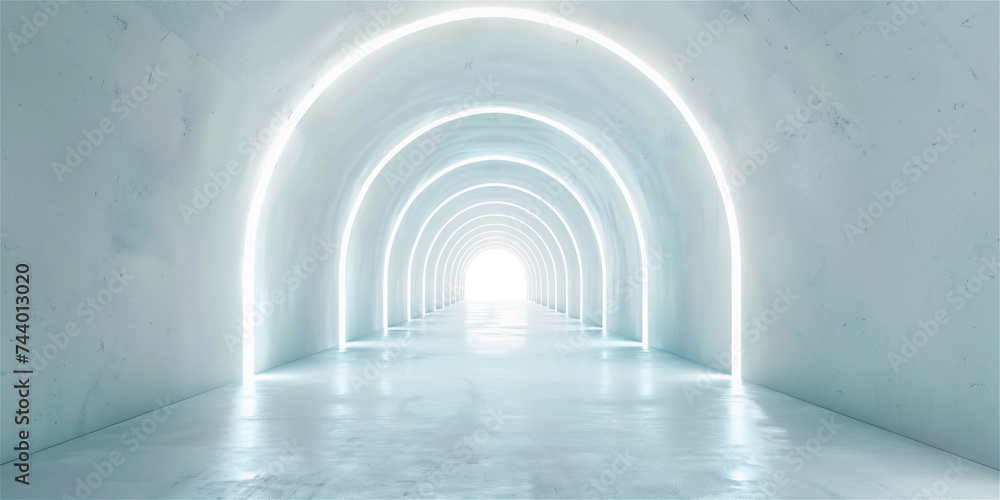 Empty white tunnel 3d light room background. Abstract space tunnel interior. Modern render perspective hall stage design. Futuristic neon road