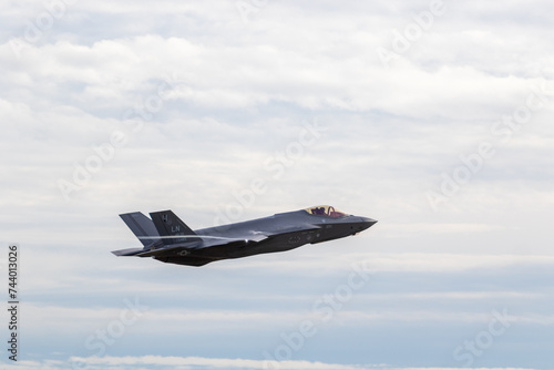 F35 Lightning flying over RAF Lakenheath during sunset 