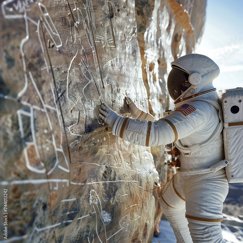 Biotechnologically enhanced historians decoding ancient Greek cave paintings on a space station uncovering cosmic origins photo