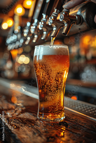 pinte de bière servi avec une tireuse à bière sur un bar d'un brasserie photo