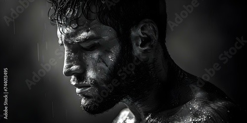 A boxer mentally preparing for a fight backstage before entering the ring. Concept Sports, Boxing, Mental Preparation, Backstage, Fight photo
