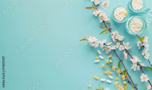 homeopathic medicine bottles with white globules and spring cherry blossoms on turquoise background , copy space for text