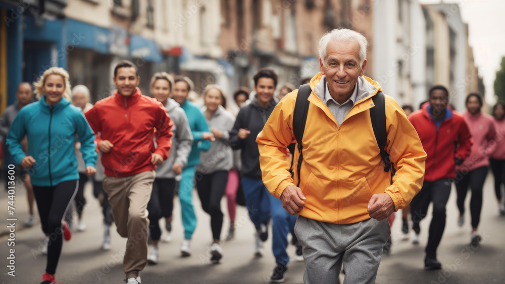 Obraz premium A group of people in bright clothes jogging on the city streets