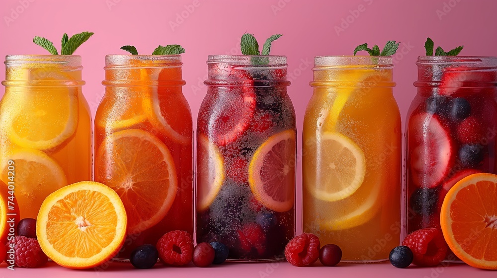 juicy colorful fruits and juice mason jars against pink background juicy colorful fruits and juice mason jars against pink background