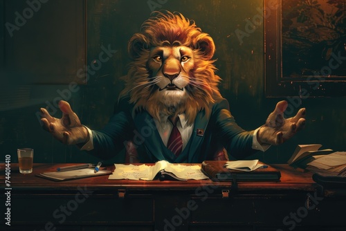   anthropomorphic lion engaged in a debate or discussion, satirizing human communication styles. photo