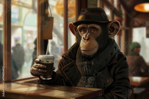 A caricature of a monkey in casual human attire, sitting at a coffee shop and sipping a drink.