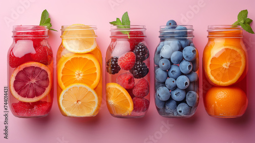 juicy colorful fruits and juice mason jars