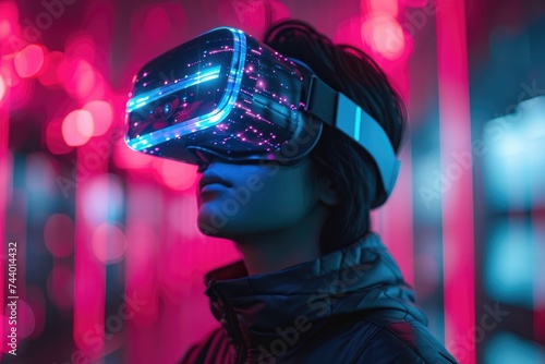 An individual in a puffy jacket is lost in a virtual experience, highlighted by dynamic neon light reflections on the VR headset.
