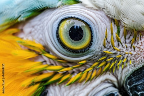 Macro photography. The parrot's eye. Close-up.