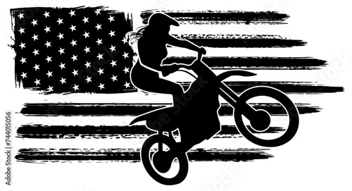 A dirt bike motocross girl silhouette with American flag featuring the support of American women motocross that compete in the sport.