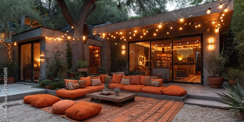 Photo of a cozy outdoor living space with multiple couches and string neon lights  neon