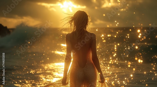 girl in a shining dress stands with her back against the background of the dark sky and the blue sea
