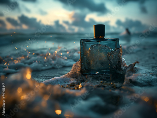 a black perfume bottle on the night beach photo