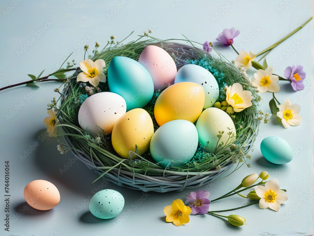 Easter concept with colorful eggs of delicate colors and flowers in a minimalist style.