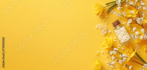 vibrant yellow background with homeopathic medicine bottle, white globules, and fresh spring daffodils, copy space for text