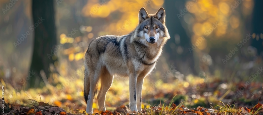 Obraz premium A captivating image of a majestic young grey wolf standing confidently in the enchanting forest.