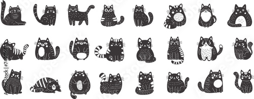 Big set of black cats in linocut style. Cute funny fluffy cats. Perfect for those who appreciate the sweet and whimsical side of feline charm. Vector illustration on a white background.