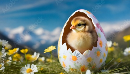 Pulcino in un uovo di pasqua decorato  photo