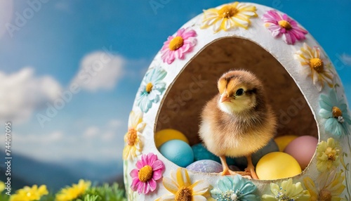 Pulcino in un uovo di pasqua decorato  photo