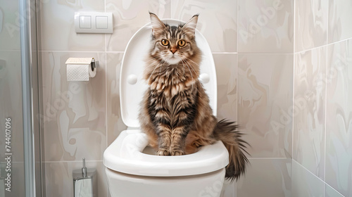 fluffy domestic cat sits on the toilet in the toilet. cat peeing in the toilet